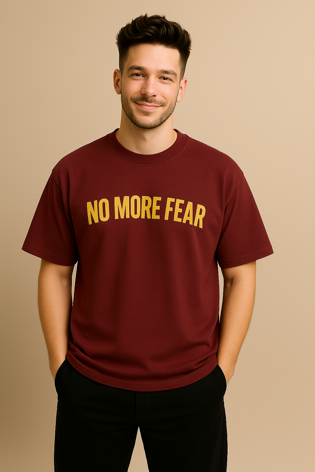 VALION Men’s Oversized Graphic T-Shirt – “No More Fear | Fearless” (Maroon)