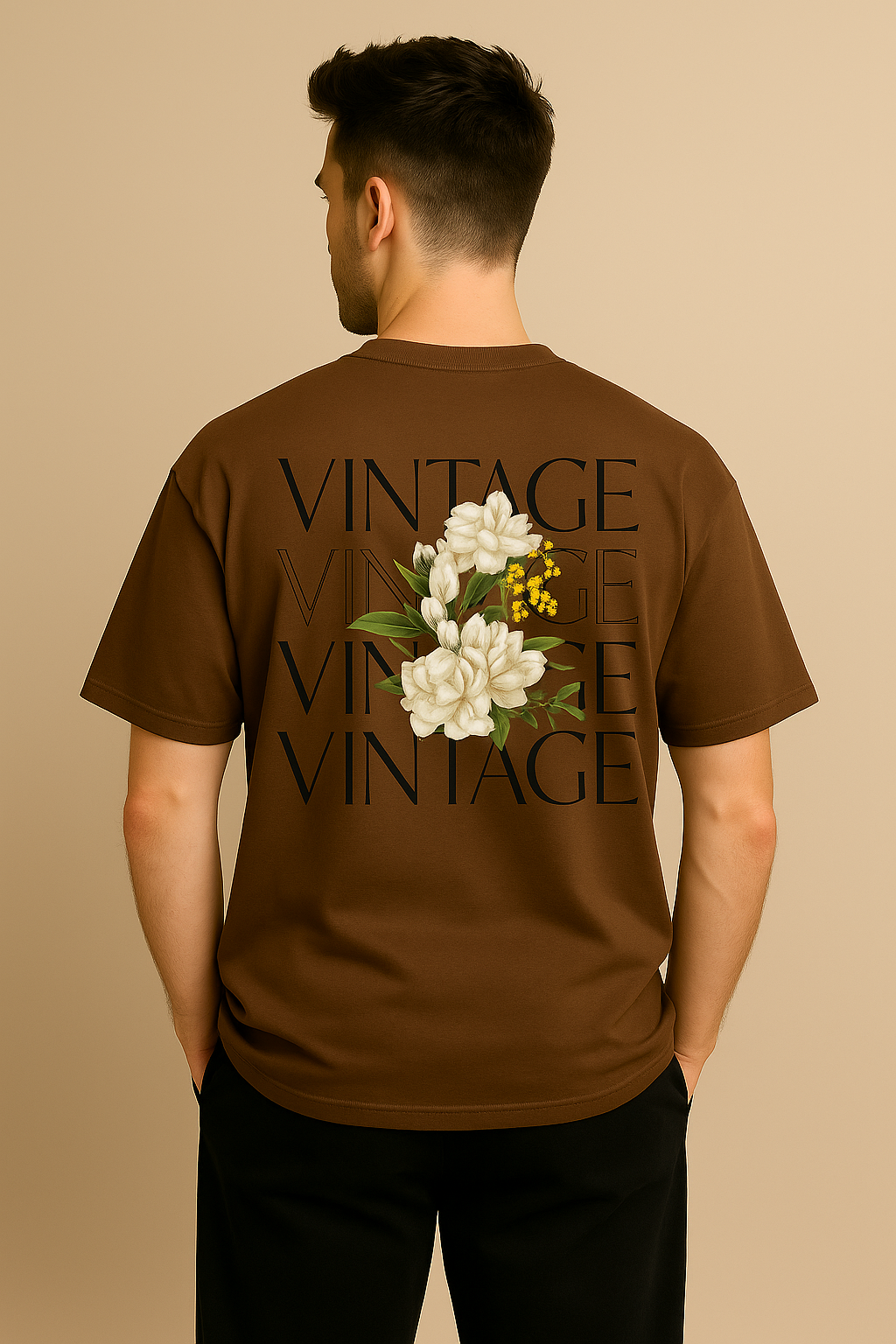 Men's Brown "VIBES / VINTAGE" Oversized Graphic T-Shirt
