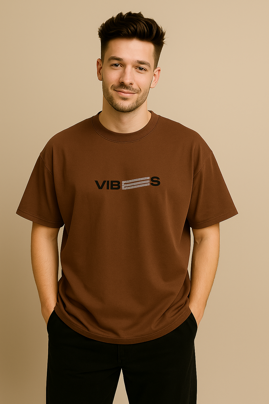Men's Brown "VIBES / VINTAGE" Oversized Graphic T-Shirt
