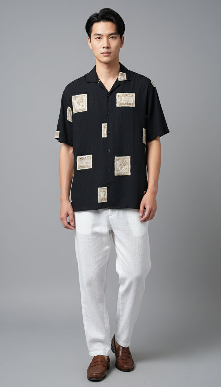 Men’s Black Cuban Collar Printed Patch Casual Shirt
