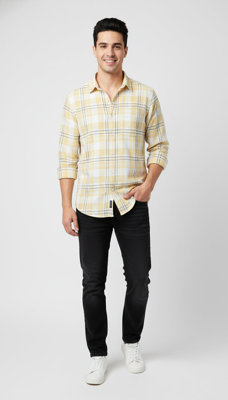 Men’s Yellow & White Checked Cotton Casual Shirt