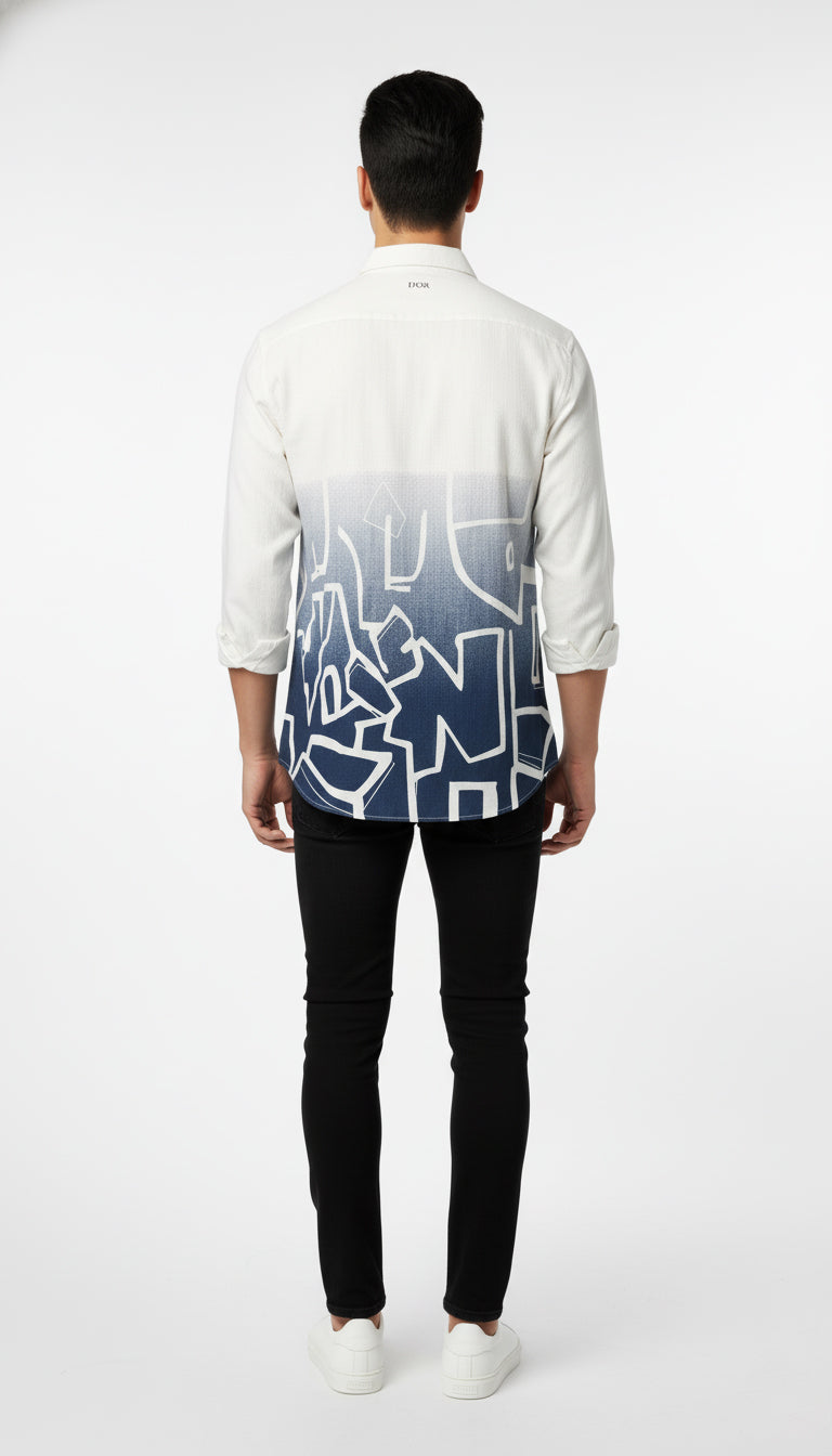 Men’s White & Blue Gradient Printed Casual Shirt