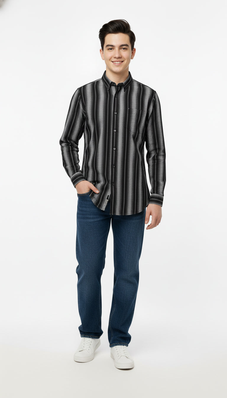 Men’s Black & Grey Striped Casual Slim Fit Shirt