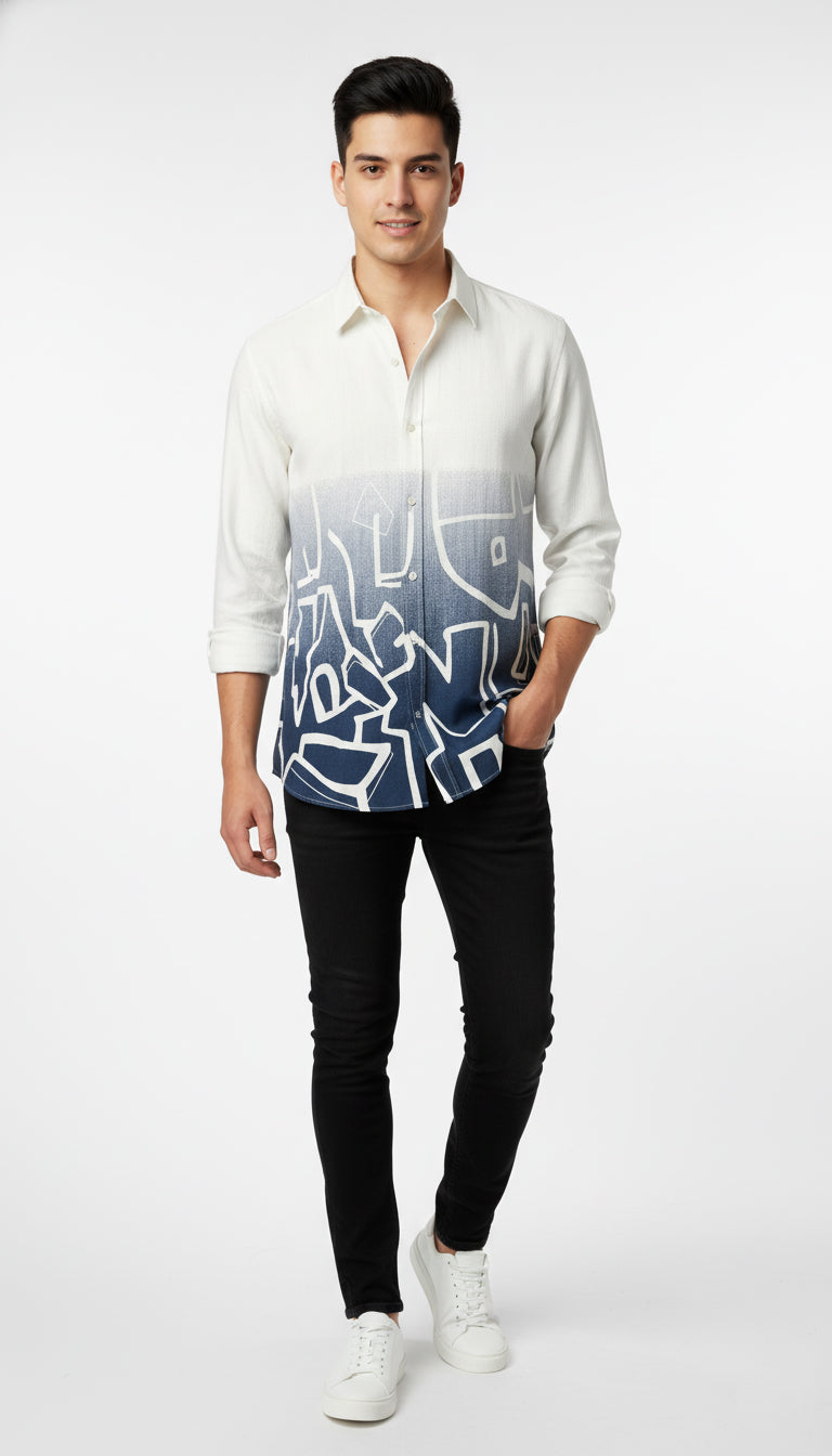 Men’s White & Blue Gradient Printed Casual Shirt