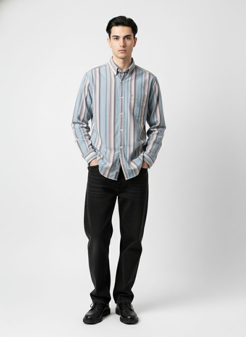 Men’s Blue & Beige Vertical Stripe Casual Cotton Shirt