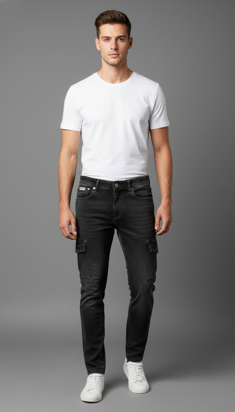 Mufti Men’s Black Slim Fit Cargo Jeans –  Denim