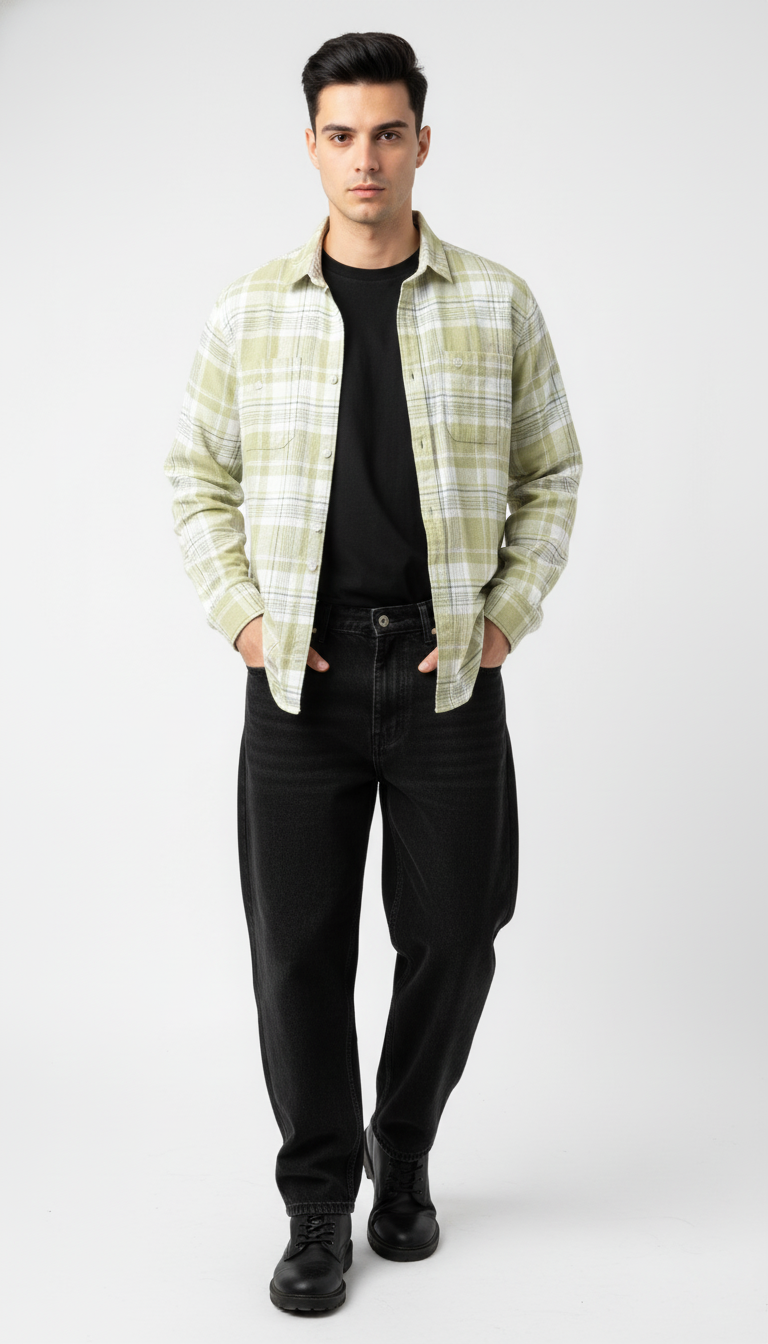 Men’s Light Green Checked Casual Flannel Shirt