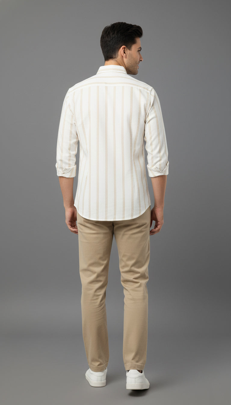 Men’s Beige & White Striped Casual Cotton Shirt
