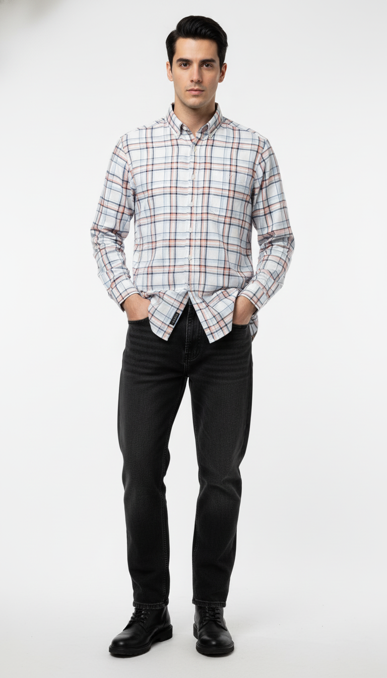 Men's Casual White & Multicolor Checked Cotton Shirt
