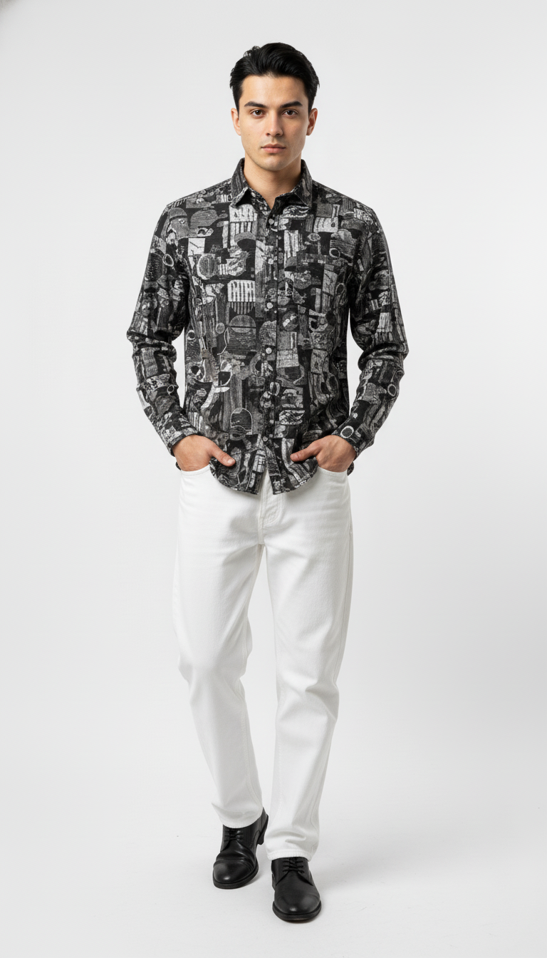 Men’s Black Abstract Printed Casual Shirt