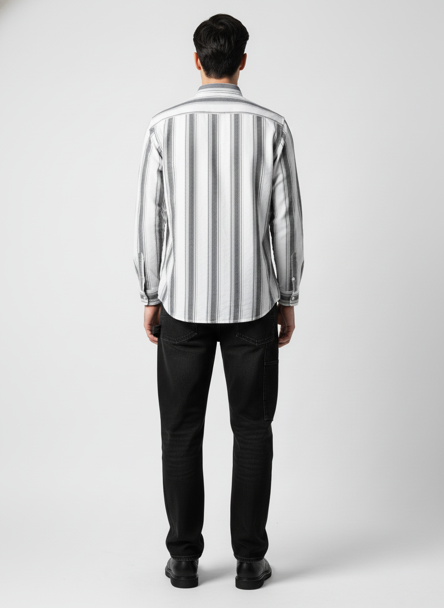Men’s Classic Striped Casual Shirt – Black & White Vertical Pattern