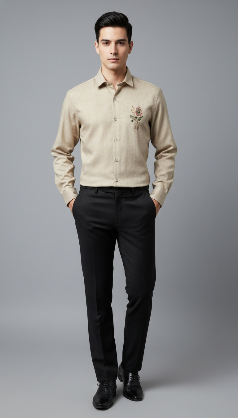 Beige Textured Cotton Shirt with Floral Embroidery