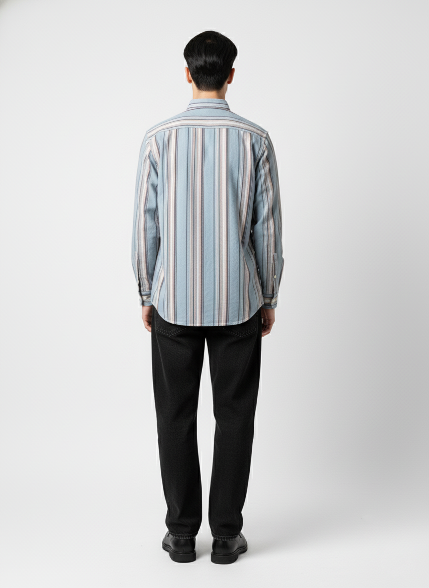 Men’s Blue & Beige Vertical Stripe Casual Cotton Shirt