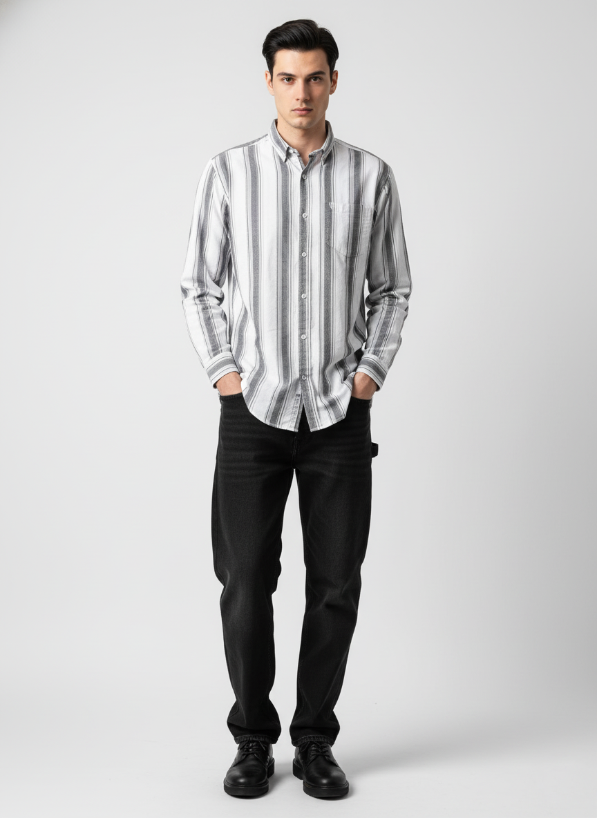Men’s Classic Striped Casual Shirt – Black & White Vertical Pattern