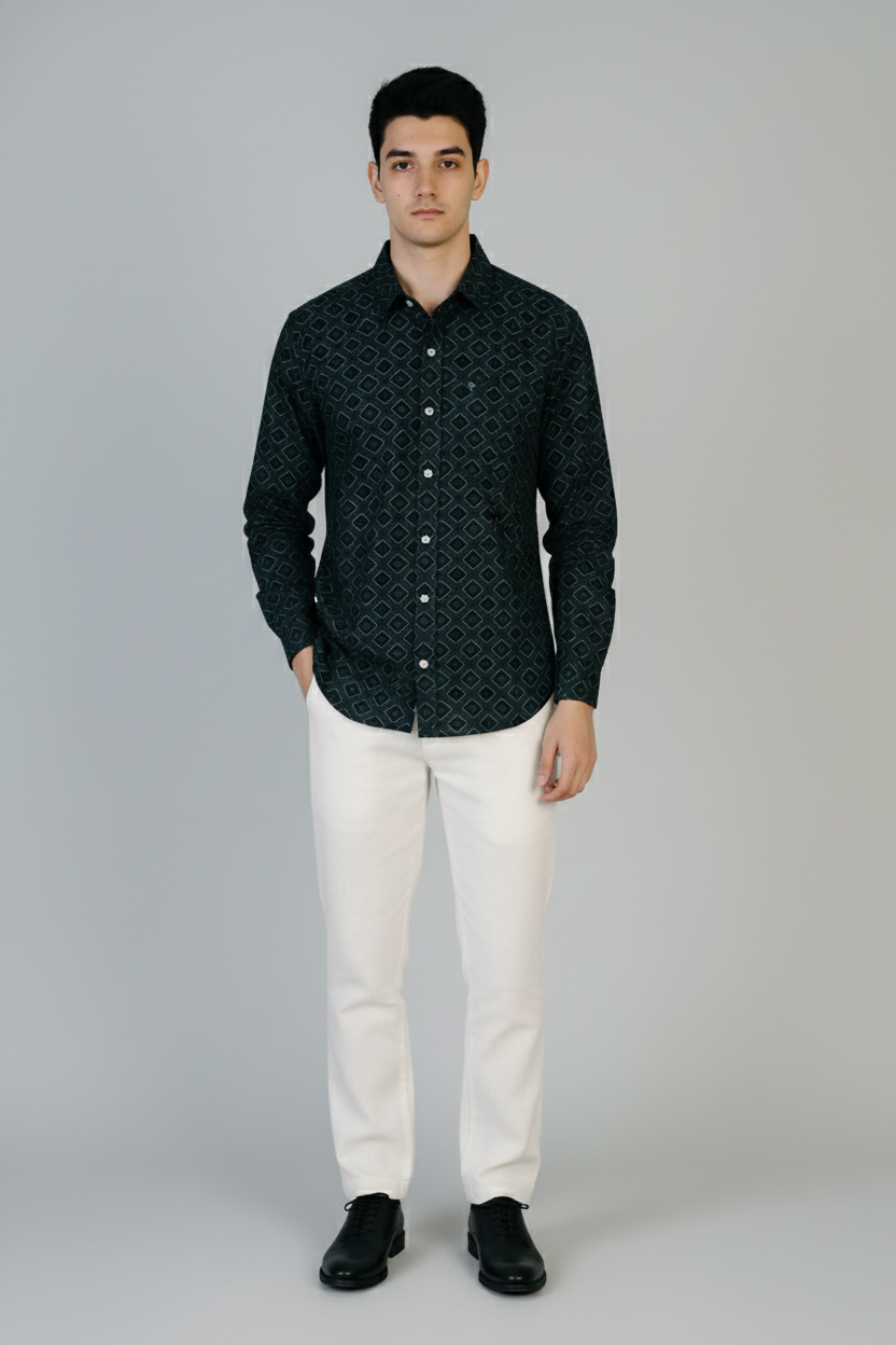 Men’s Black Geometric Printed Cotton Casual Shirt