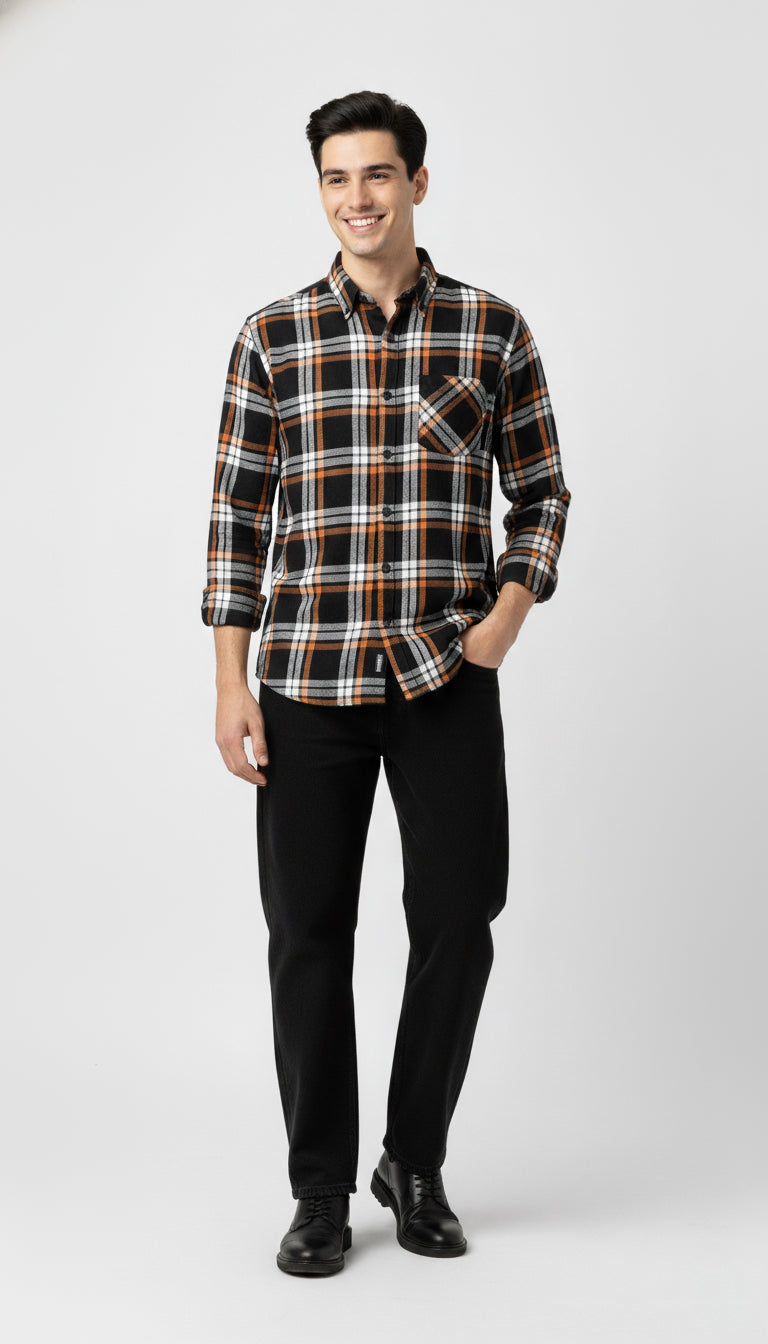 Men’s Classic Black & Orange Checked Flannel Shirt