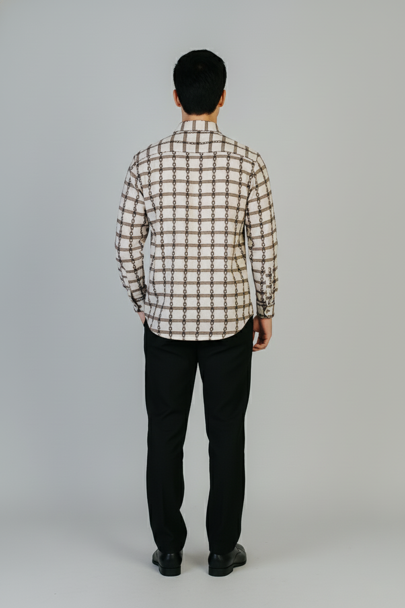 Men’s Beige & Brown Geometric Check Printed Casual Shirt