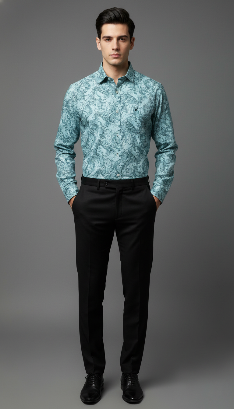 Men’s Aqua Blue Printed Cotton Formal Shirt