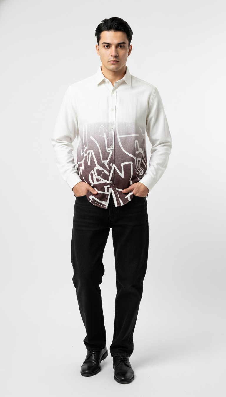 Men’s White & Brown Abstract Gradient Printed Shirt