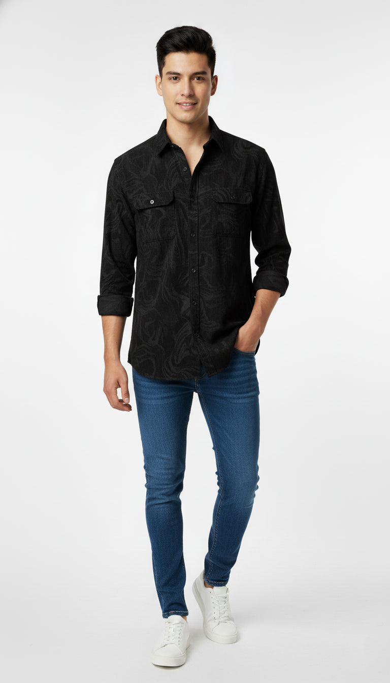 Men’s Textured Black Patterned Casual Shirt