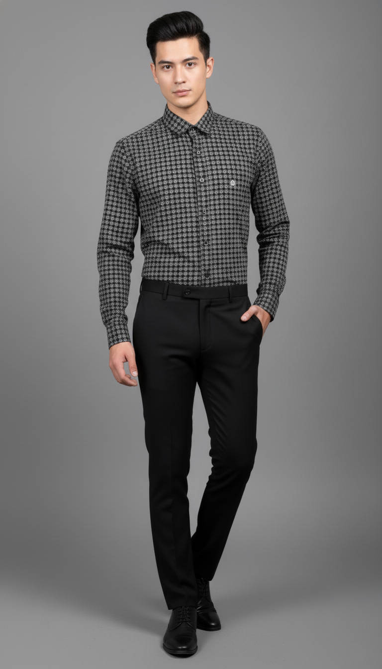 Bing Berry Men’s Premium Black & Grey Checkered Slim Fit Shirt