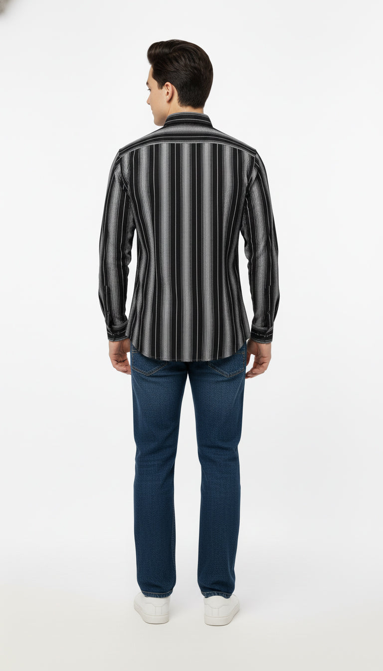 Men’s Black & Grey Striped Casual Slim Fit Shirt