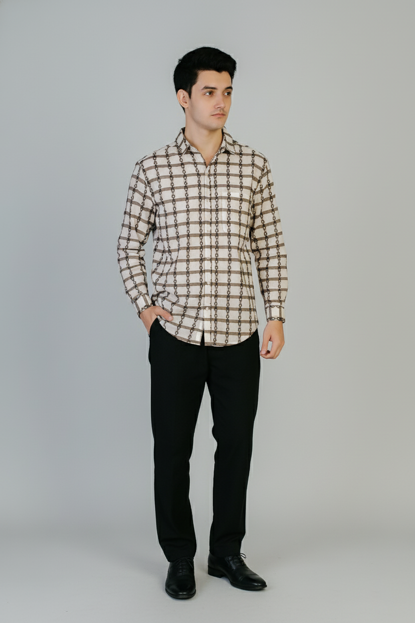 Men’s Beige & Brown Geometric Check Printed Casual Shirt