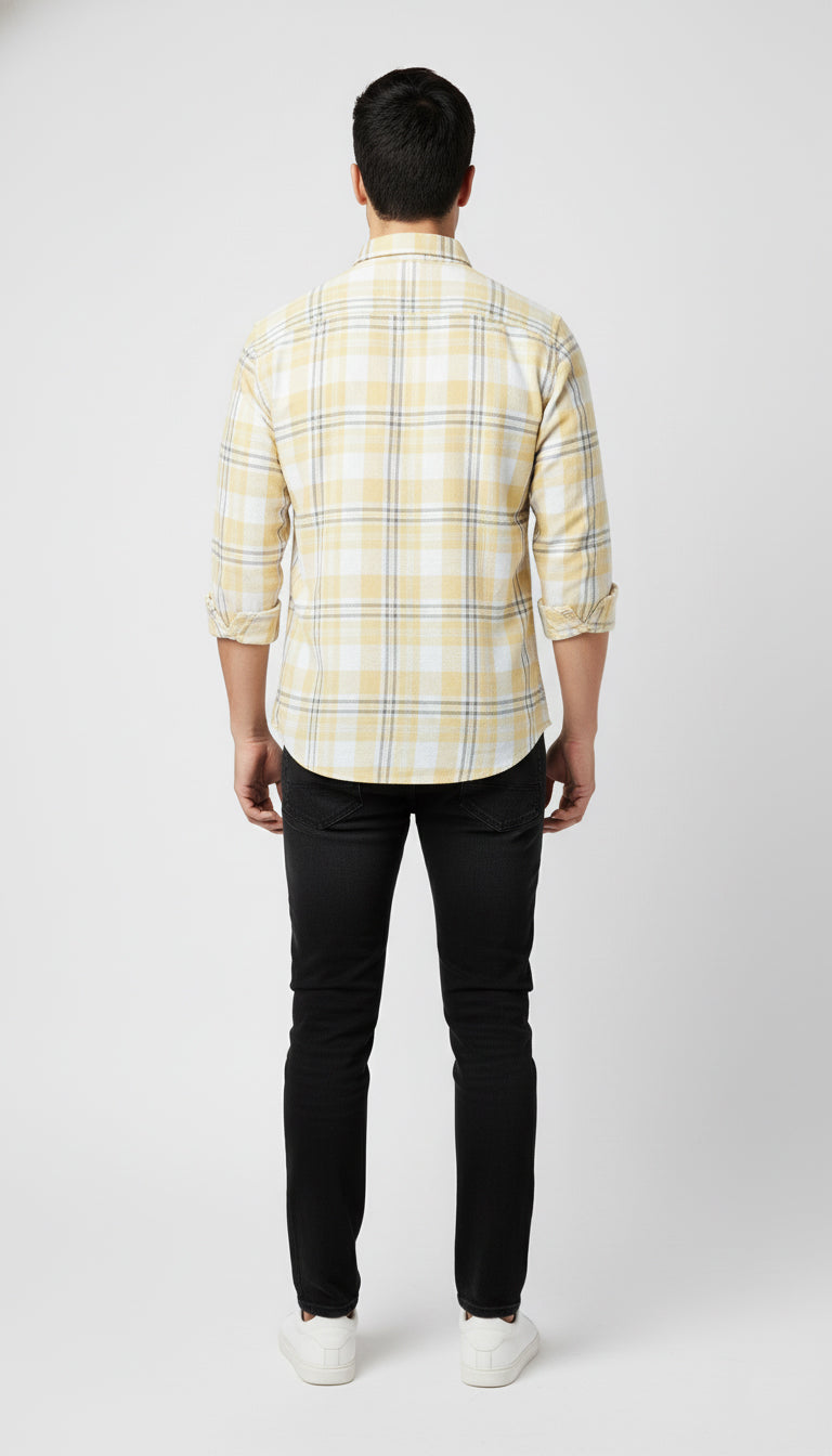 Men’s Yellow & White Checked Cotton Casual Shirt