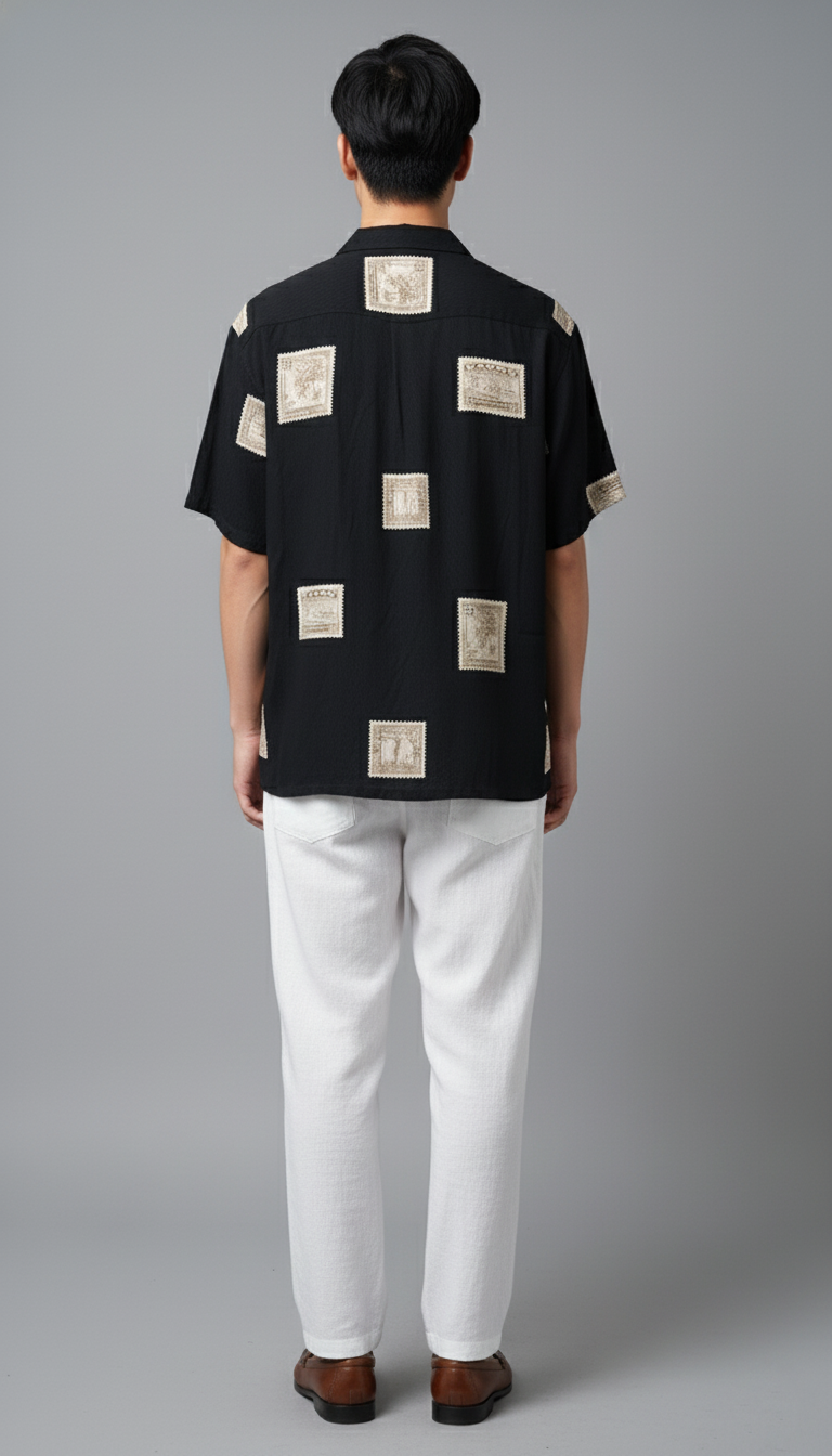 Men’s Black Cuban Collar Printed Patch Casual Shirt