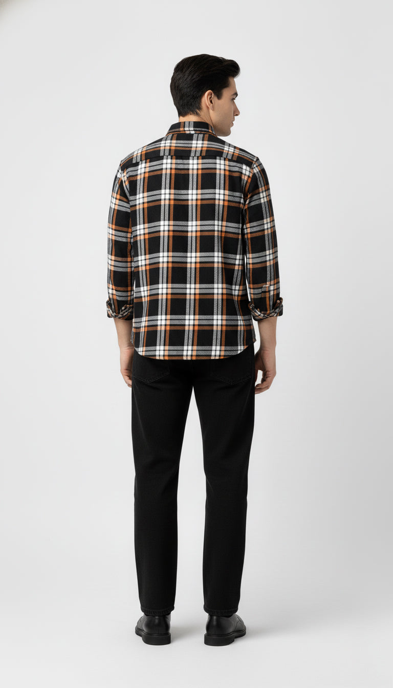 Men’s Classic Black & Orange Checked Flannel Shirt