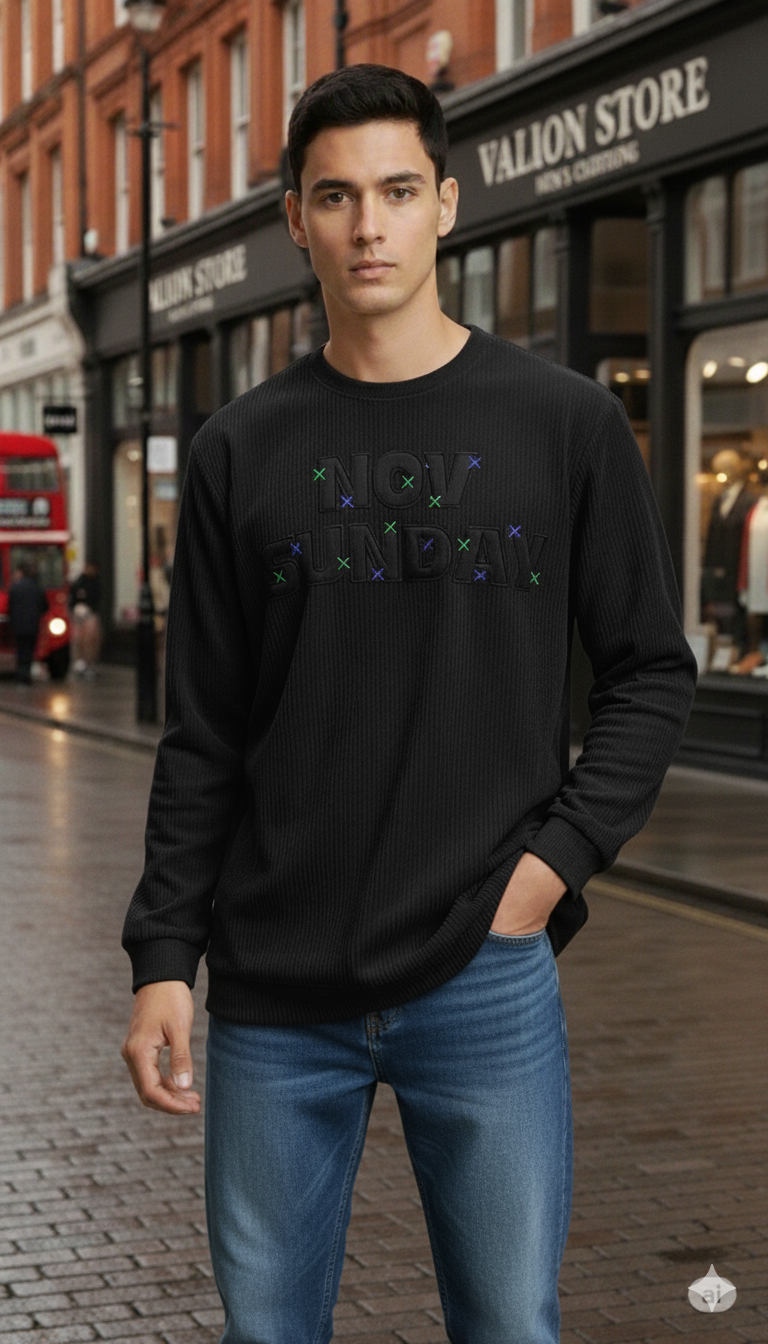 “NOV SUNDAY” Premium Black Waffle Knit Long Sleeve T-Shirt