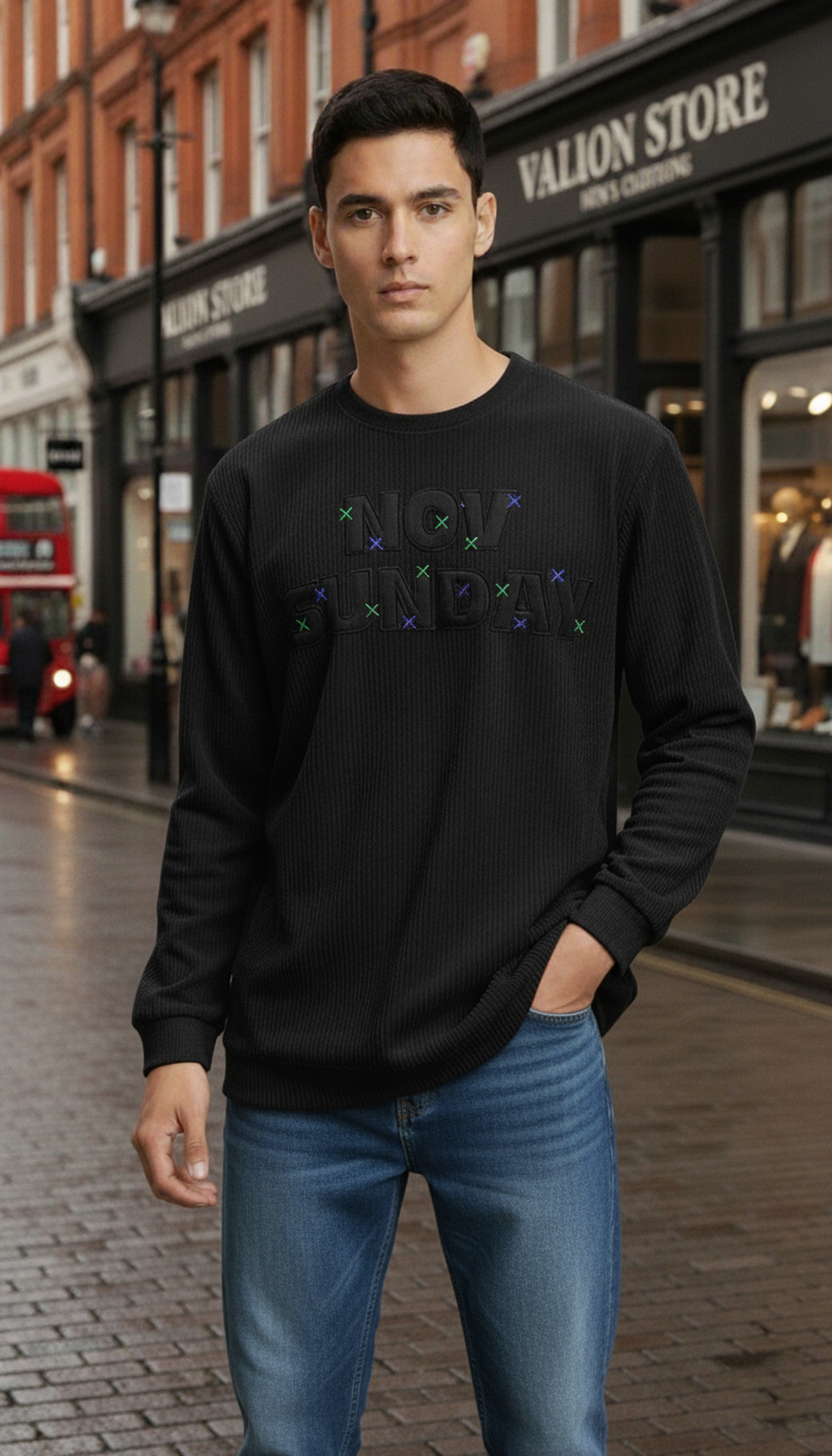 “NOV SUNDAY” Premium Black Waffle Knit Long Sleeve T-Shirt