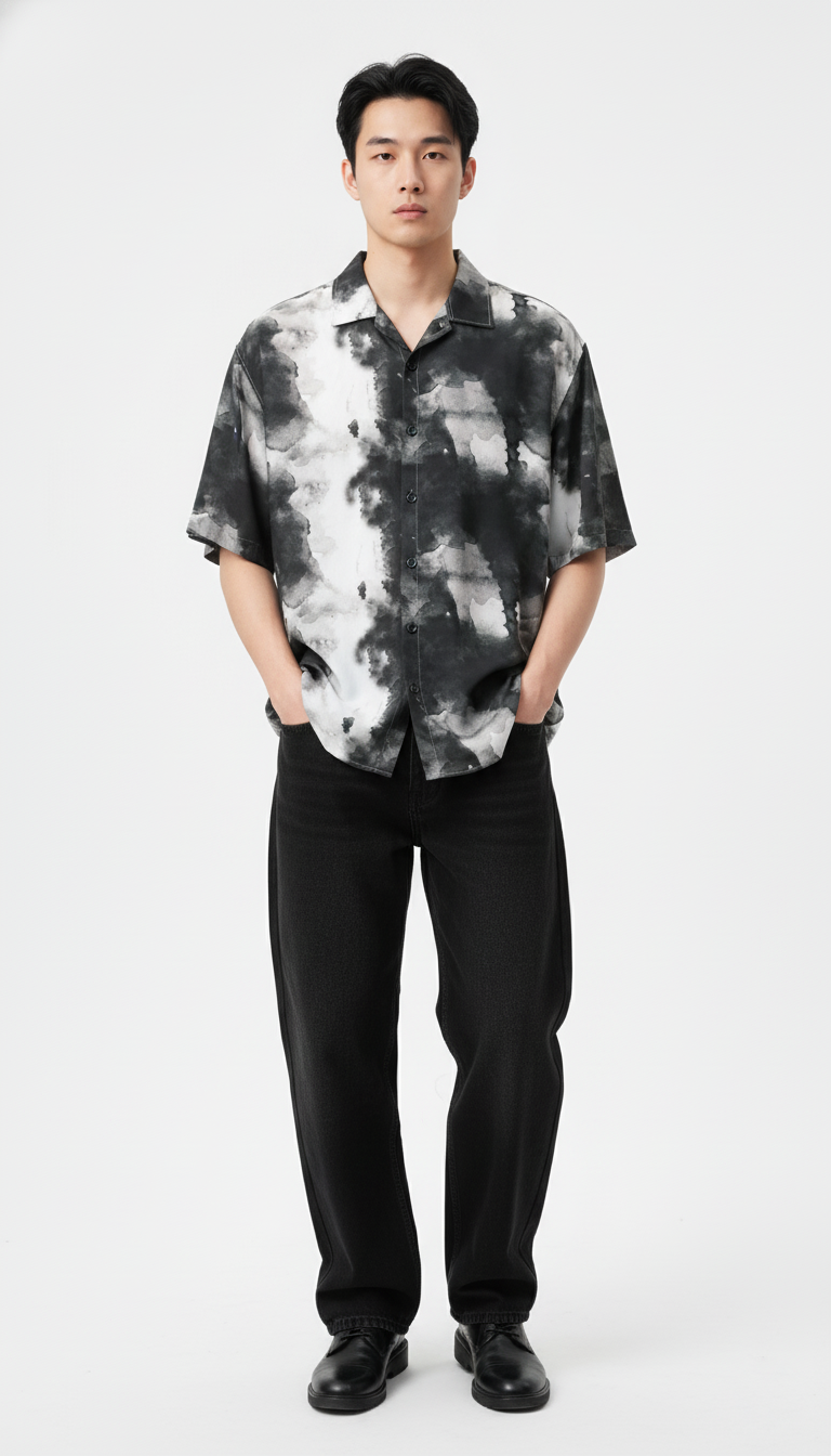 Men’s Black & White Abstract Tie-Dye Short Sleeve Shirt