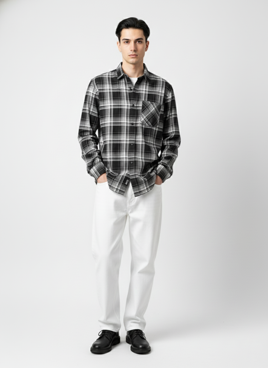 Men’s Black & White Checked Cotton Casual Shirt