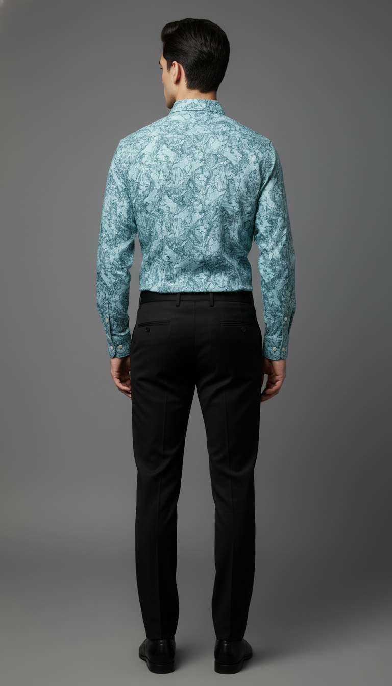 Men’s Aqua Blue Printed Cotton Formal Shirt