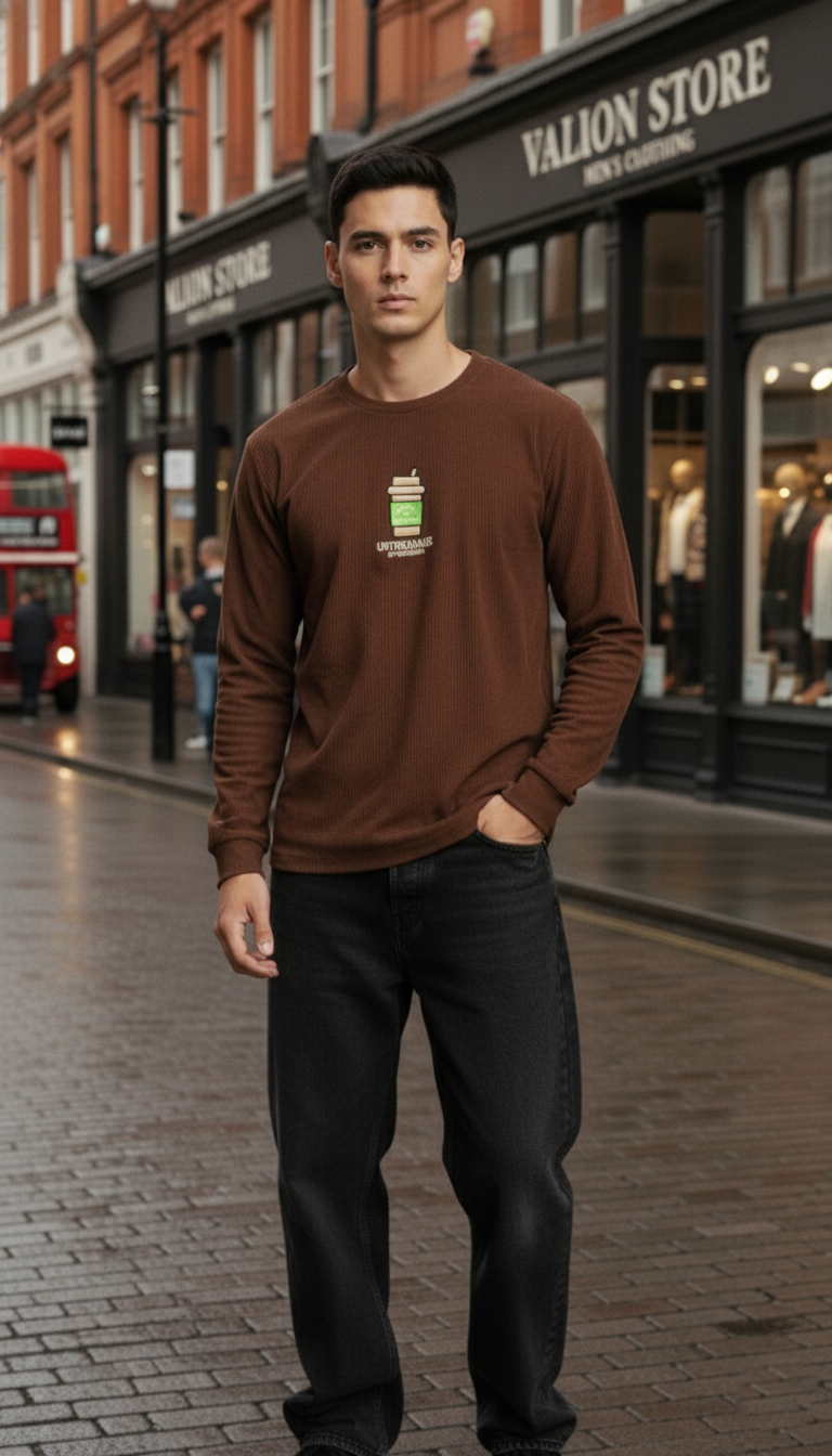 Men’s Coffee Brown Waffle Knit Full Sleeve T-Shirt