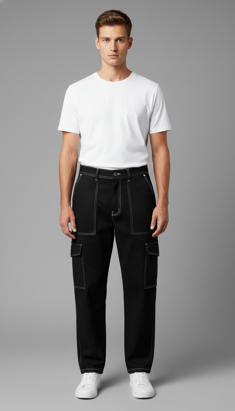 Men’s Black Cargo Stitch Jeans – Relaxed Utility Fit