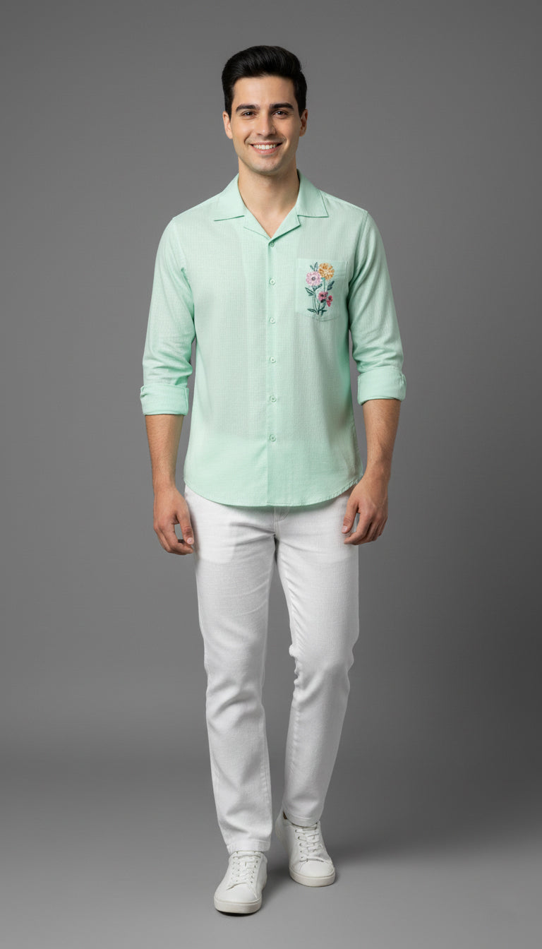 Men’s Mint Green Embroidered Casual Shirt