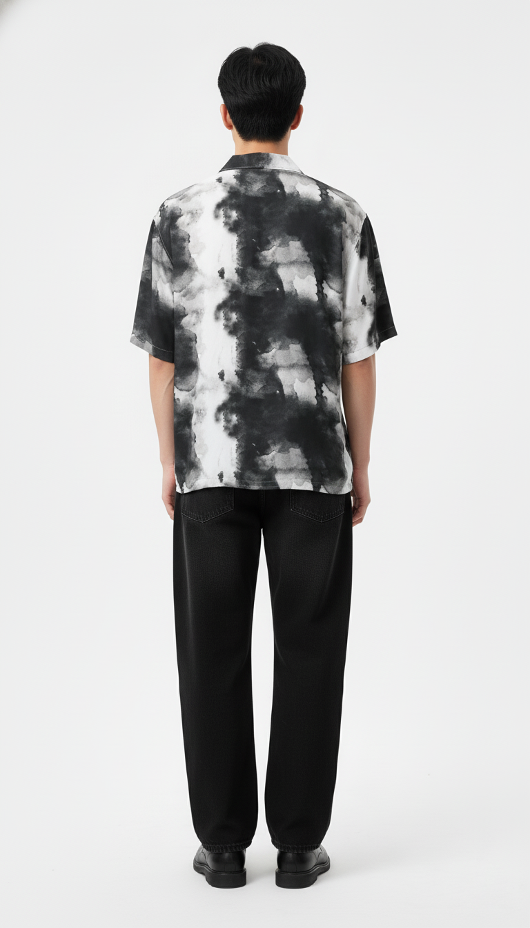 Men’s Black & White Abstract Tie-Dye Short Sleeve Shirt