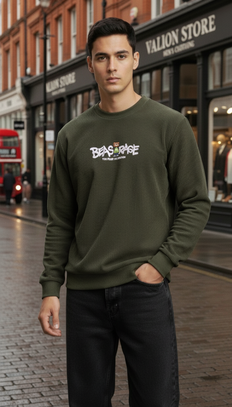 BEAR’S RAGE Olive Green Waffle Knit Long Sleeve T-Shirt