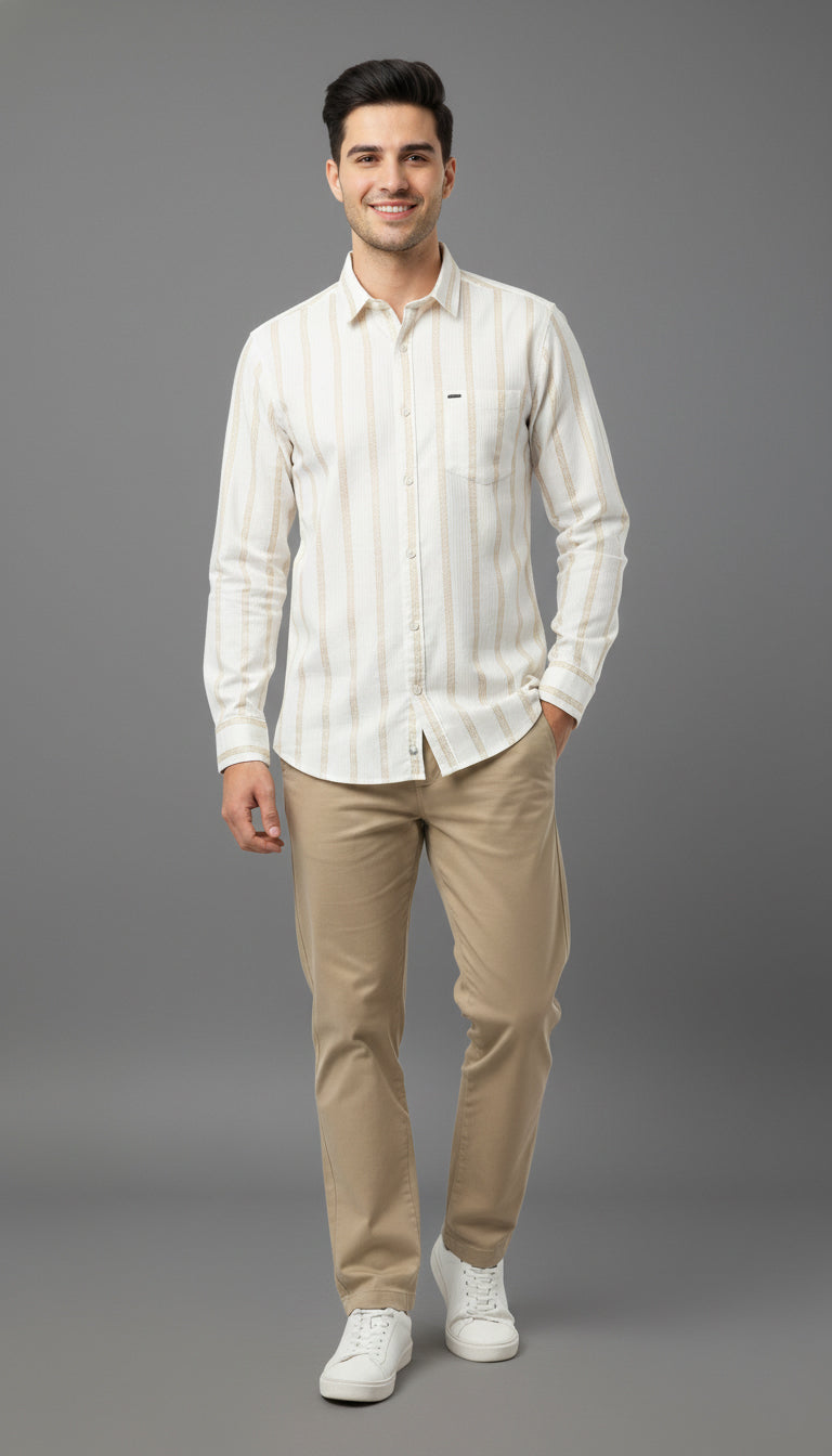 Men’s Beige & White Striped Casual Cotton Shirt