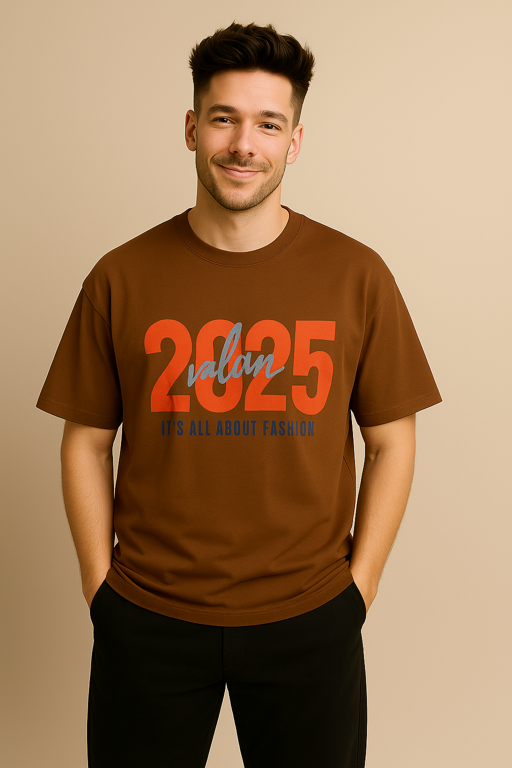 VALION Men’s Oversized Graphic T-Shirt – “2025 | ALL EYEZ ON ME” (Brown)