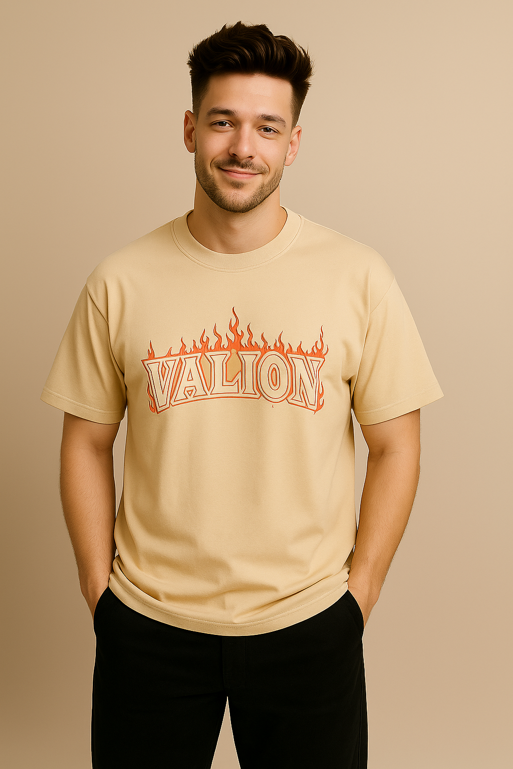 VALION Men’s Oversized Graphic T-Shirt – “Paradise Flame” (Beige)